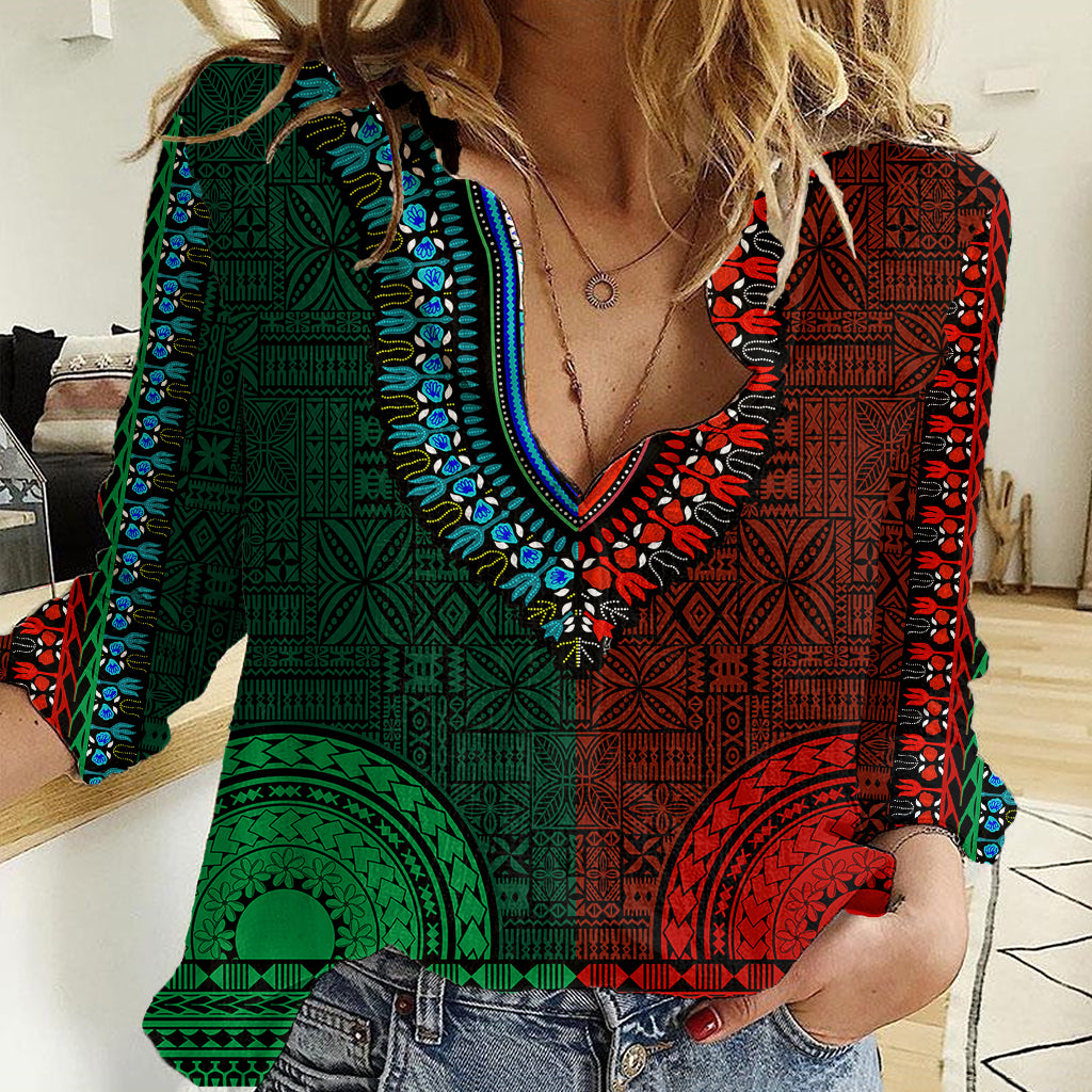 African Dashiki Women Casual Shirt With Tapa Pattern - Half Green and Red - Wonder Print Shop