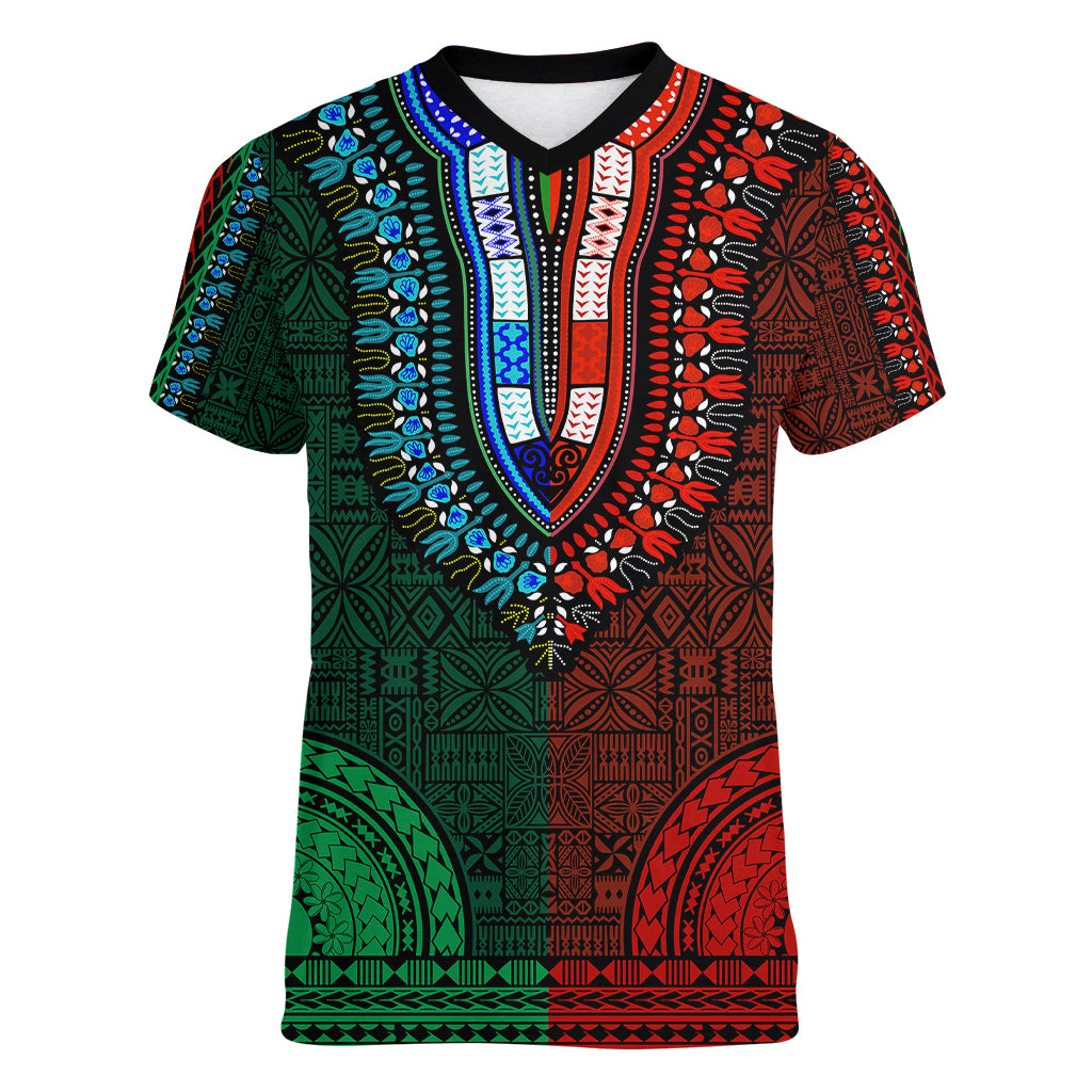 African Dashiki Women V Neck T Shirt With Tapa Pattern - Half Green and Red - Wonder Print Shop