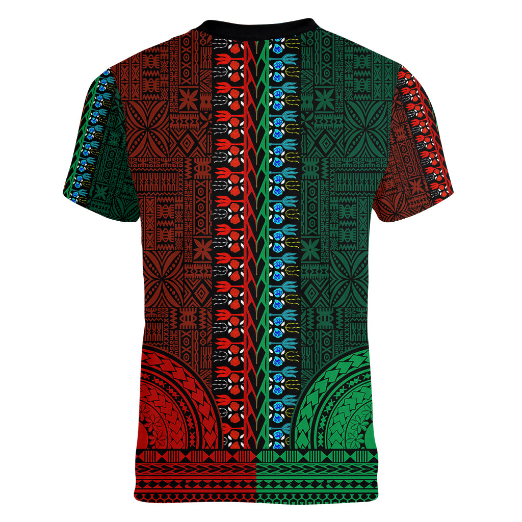 African Dashiki Women V Neck T Shirt With Tapa Pattern - Half Green and Red - Wonder Print Shop