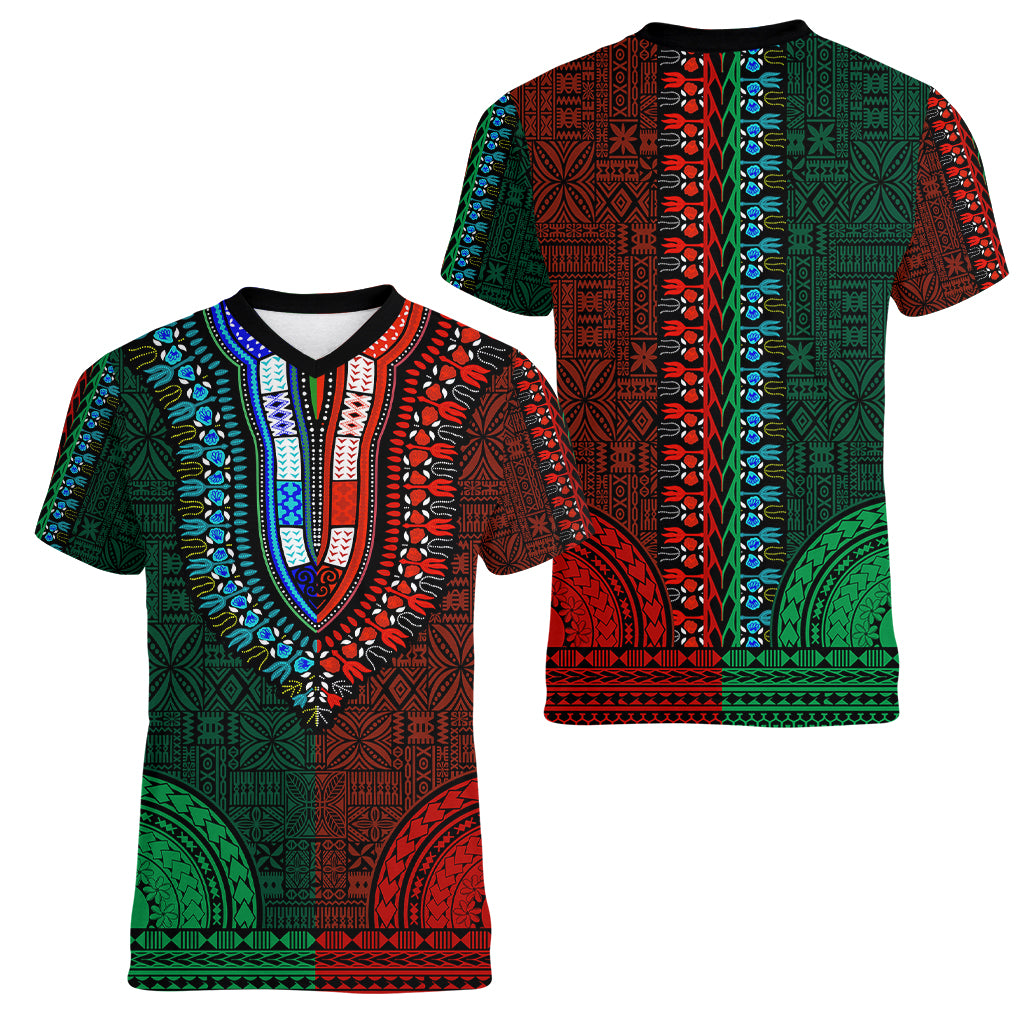 African Dashiki Women V Neck T Shirt With Tapa Pattern - Half Green and Red - Wonder Print Shop