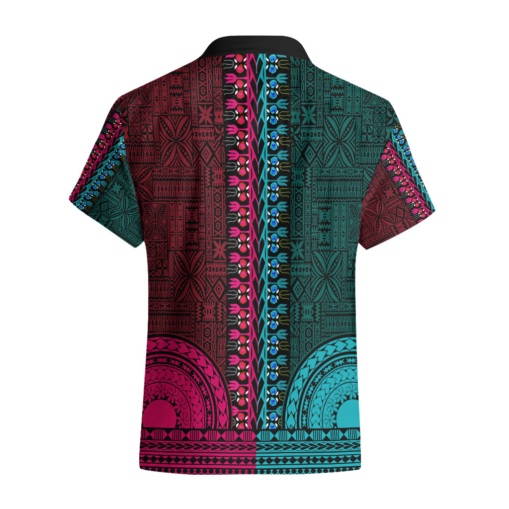 African Dashiki Hawaiian Shirt With Tapa Pattern - Half Teal and Pink - Wonder Print Shop