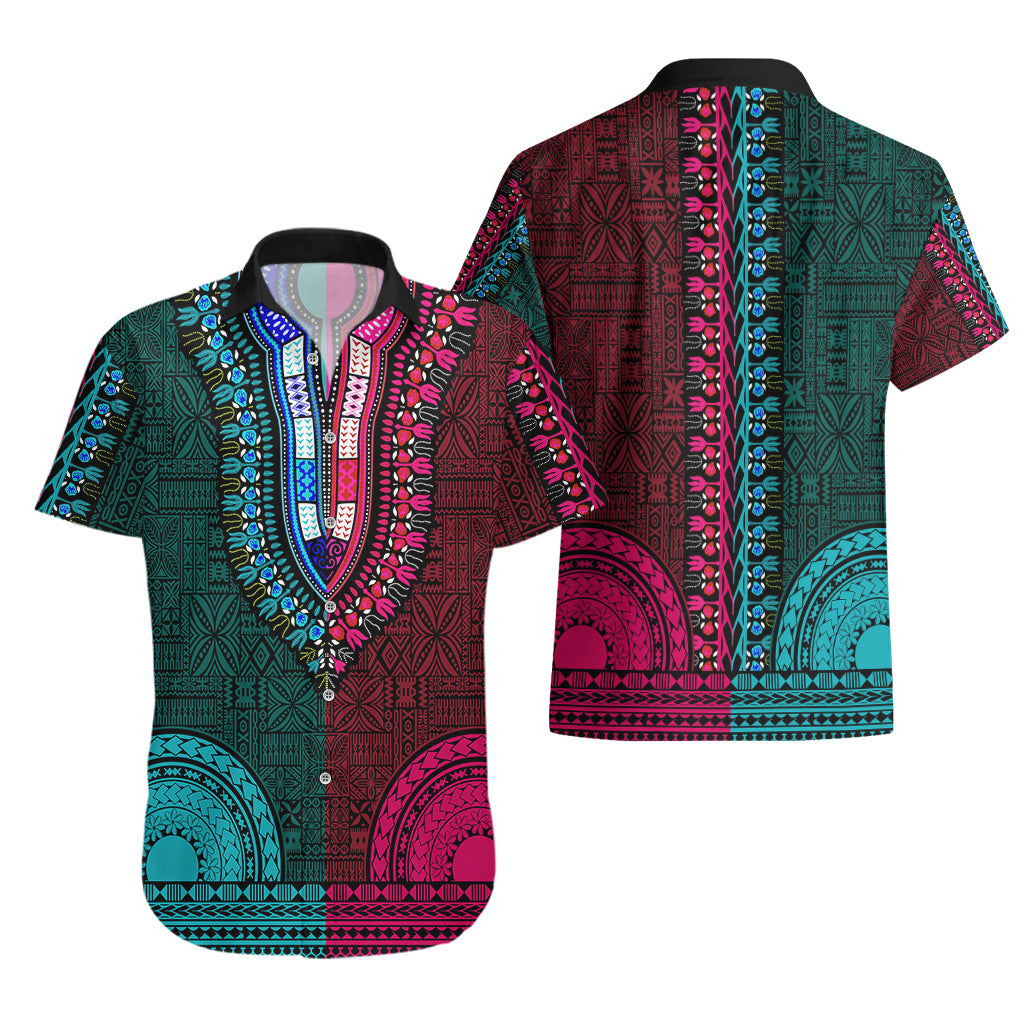 African Dashiki Hawaiian Shirt With Tapa Pattern - Half Teal and Pink - Wonder Print Shop