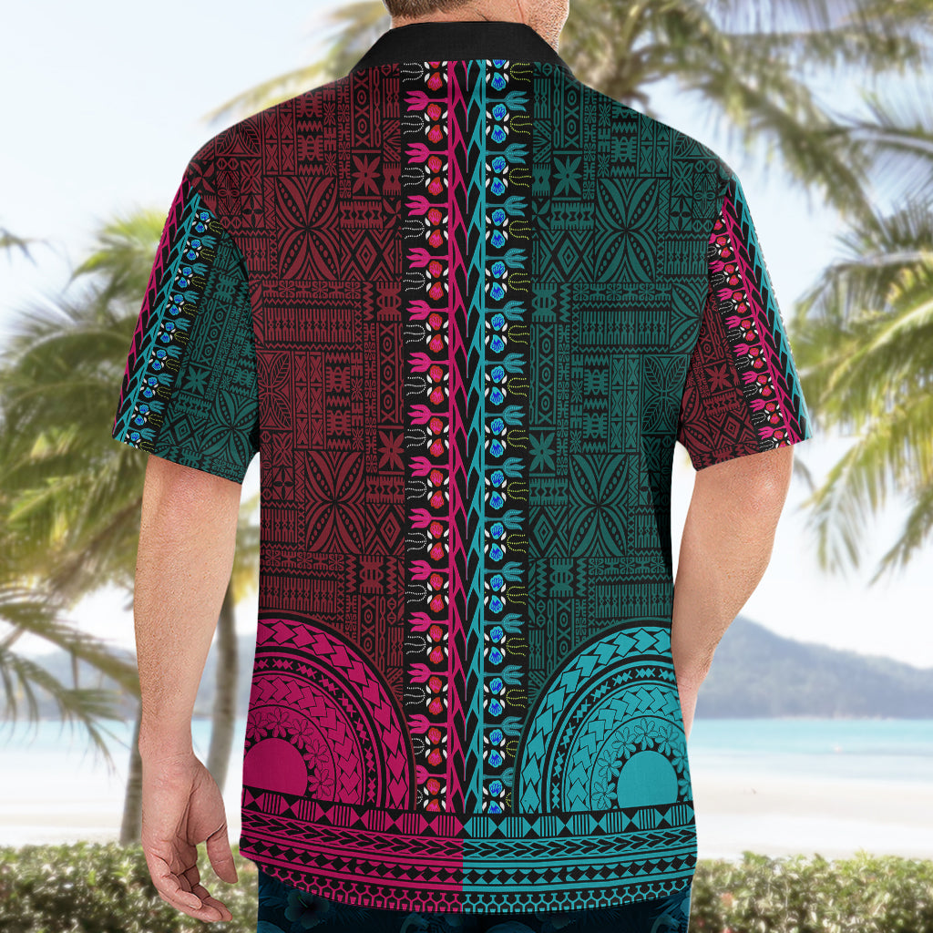 African Dashiki Hawaiian Shirt With Tapa Pattern - Half Teal and Pink - Wonder Print Shop