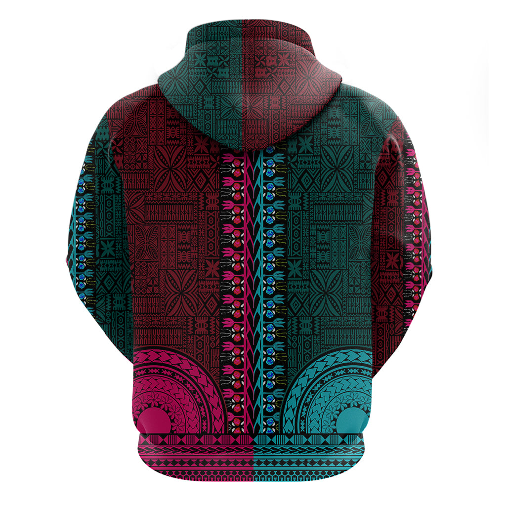 African Dashiki Hoodie With Tapa Pattern - Half Teal and Pink - Wonder Print Shop