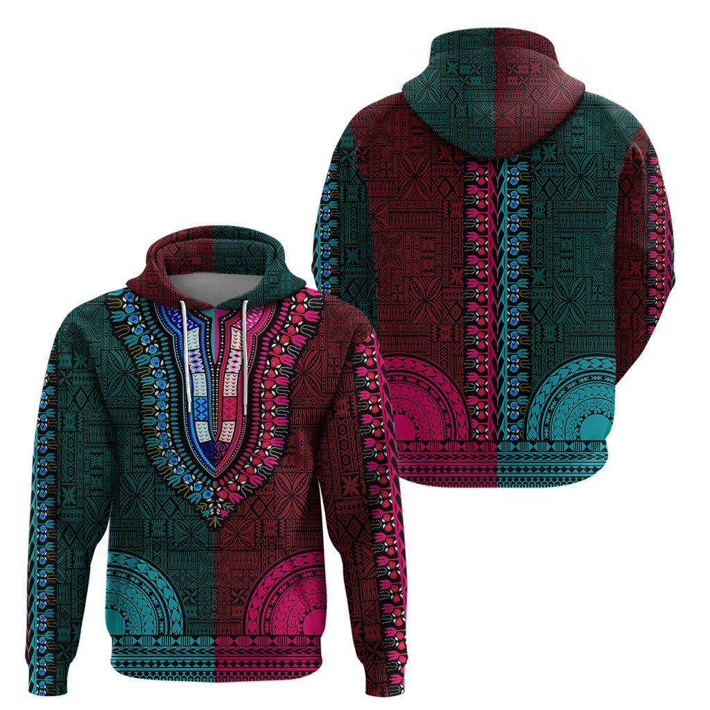 African Dashiki Hoodie With Tapa Pattern - Half Teal and Pink - Wonder Print Shop