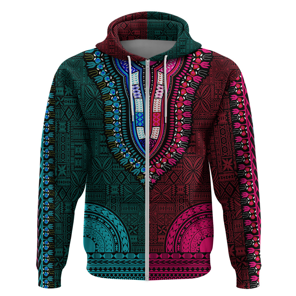African Dashiki Hoodie With Tapa Pattern - Half Teal and Pink - Wonder Print Shop