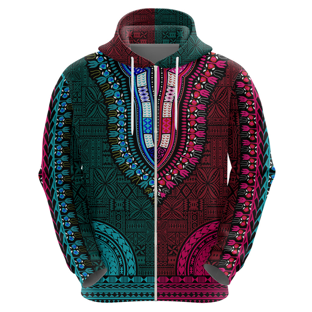 African Dashiki Hoodie With Tapa Pattern - Half Teal and Pink - Wonder Print Shop