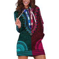African Dashiki Hoodie Dress With Tapa Pattern - Half Teal and Pink - Wonder Print Shop
