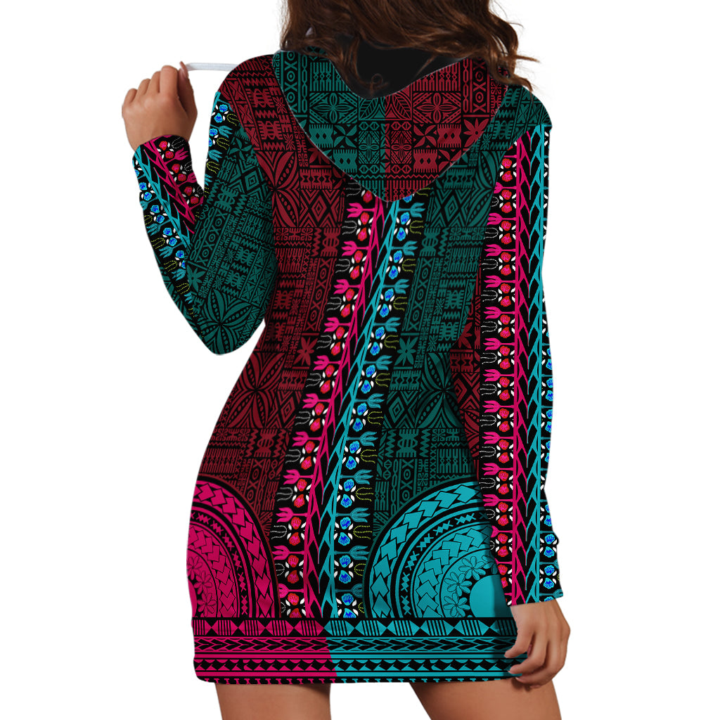 African Dashiki Hoodie Dress With Tapa Pattern - Half Teal and Pink - Wonder Print Shop