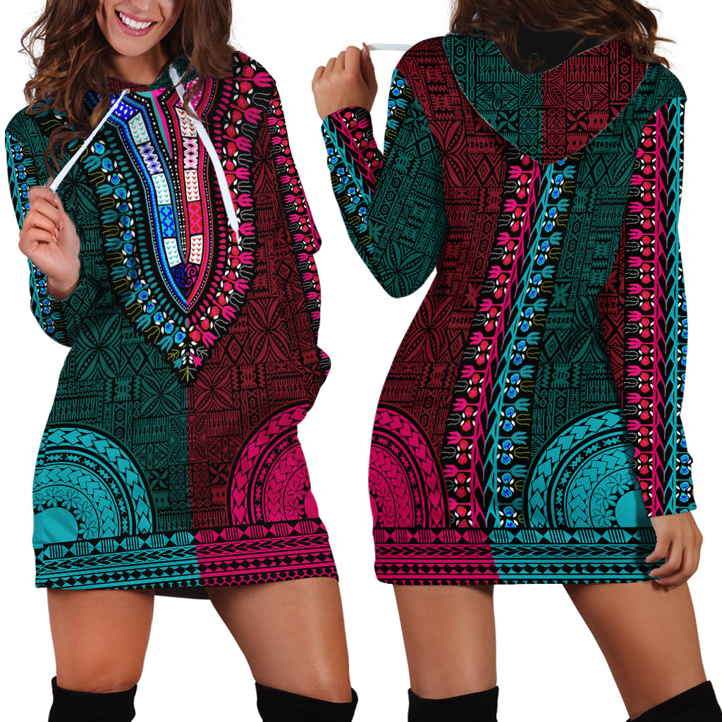 African Dashiki Hoodie Dress With Tapa Pattern - Half Teal and Pink - Wonder Print Shop