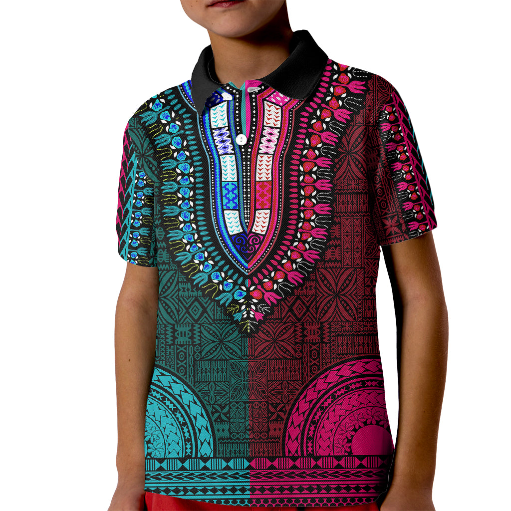 African Dashiki Kid Polo Shirt With Tapa Pattern - Half Teal and Pink - Wonder Print Shop