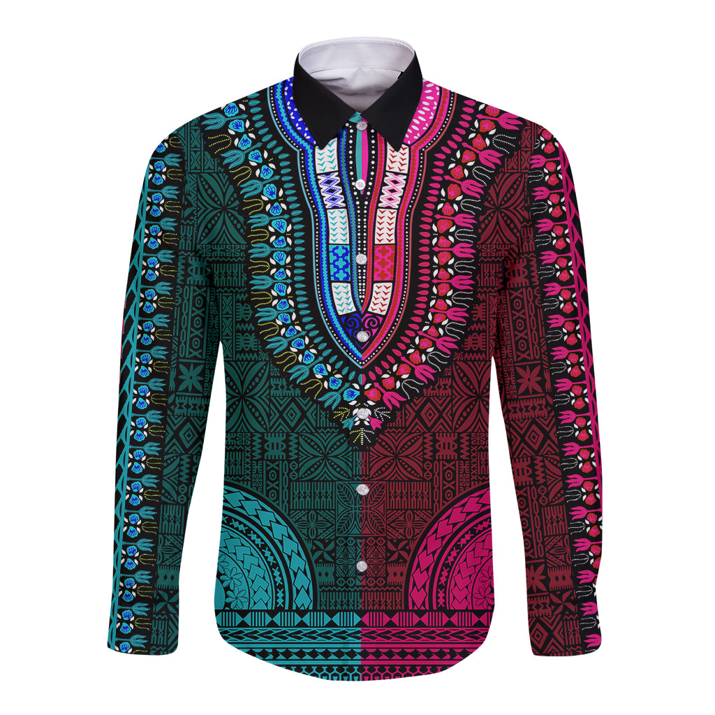 African Dashiki Long Sleeve Button Shirt With Tapa Pattern - Half Teal and Pink - Wonder Print Shop