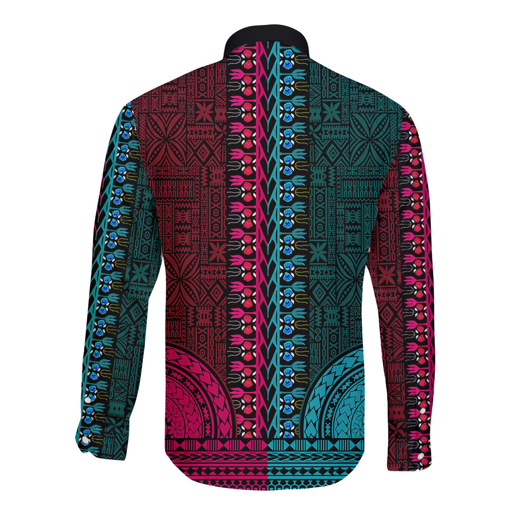 African Dashiki Long Sleeve Button Shirt With Tapa Pattern - Half Teal and Pink - Wonder Print Shop