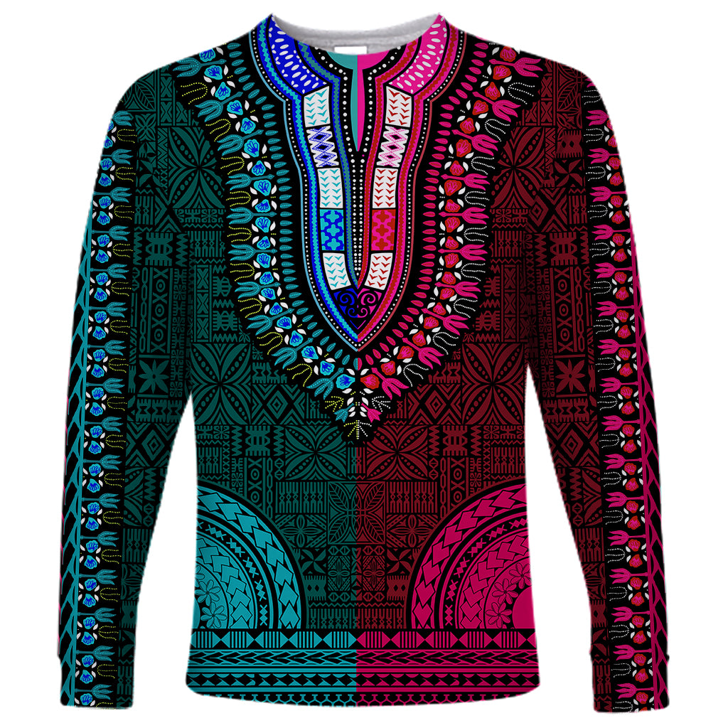 African Dashiki Long Sleeve Shirt With Tapa Pattern - Half Teal and Pink - Wonder Print Shop