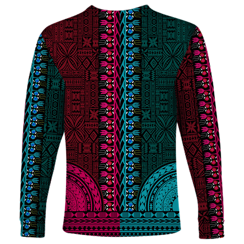 African Dashiki Long Sleeve Shirt With Tapa Pattern - Half Teal and Pink - Wonder Print Shop
