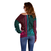 African Dashiki Off Shoulder Sweater With Tapa Pattern - Half Teal and Pink - Wonder Print Shop