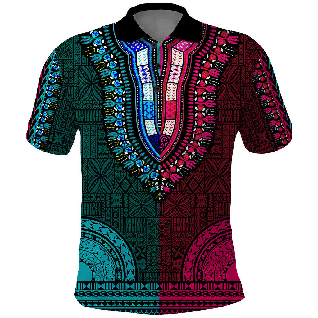 African Dashiki Polo Shirt With Tapa Pattern - Half Teal and Pink - Wonder Print Shop