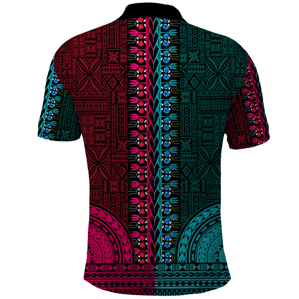 African Dashiki Polo Shirt With Tapa Pattern - Half Teal and Pink - Wonder Print Shop