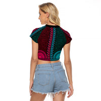 African Dashiki Raglan Cropped T Shirt With Tapa Pattern - Half Teal and Pink - Wonder Print Shop