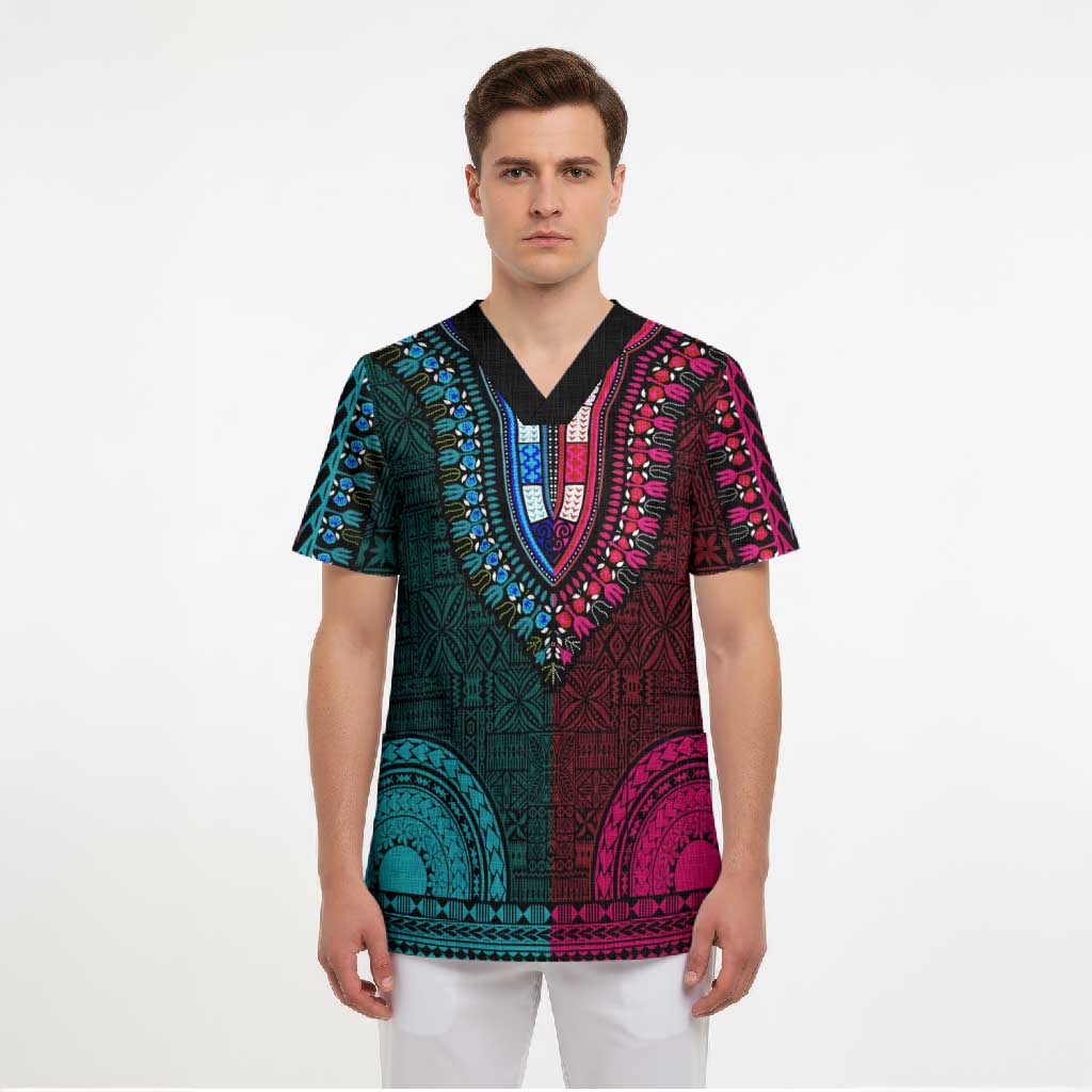 Teal-pink Dashiki and Tapa Pattern Scrub Top Africa-Polynesia Together Culture