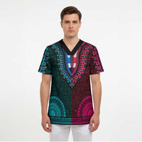 Teal-pink Dashiki and Tapa Pattern Scrub Top Africa-Polynesia Together Culture