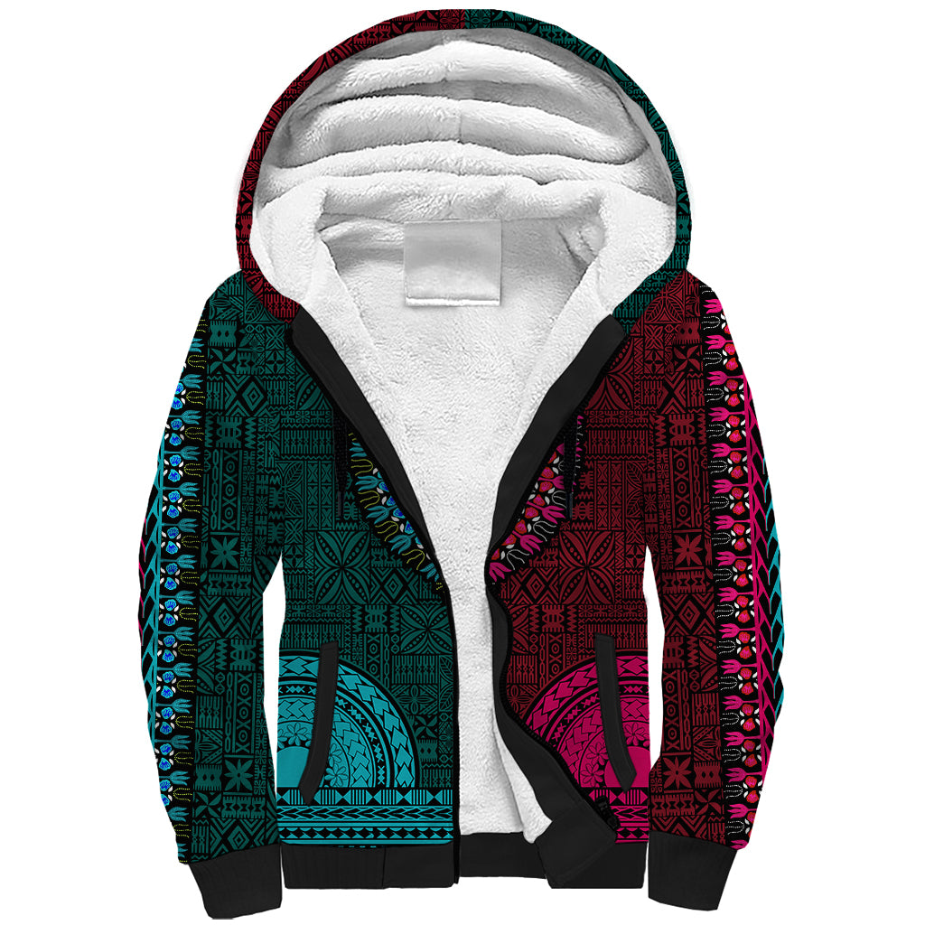 African Dashiki Sherpa Hoodie With Tapa Pattern - Half Teal and Pink - Wonder Print Shop