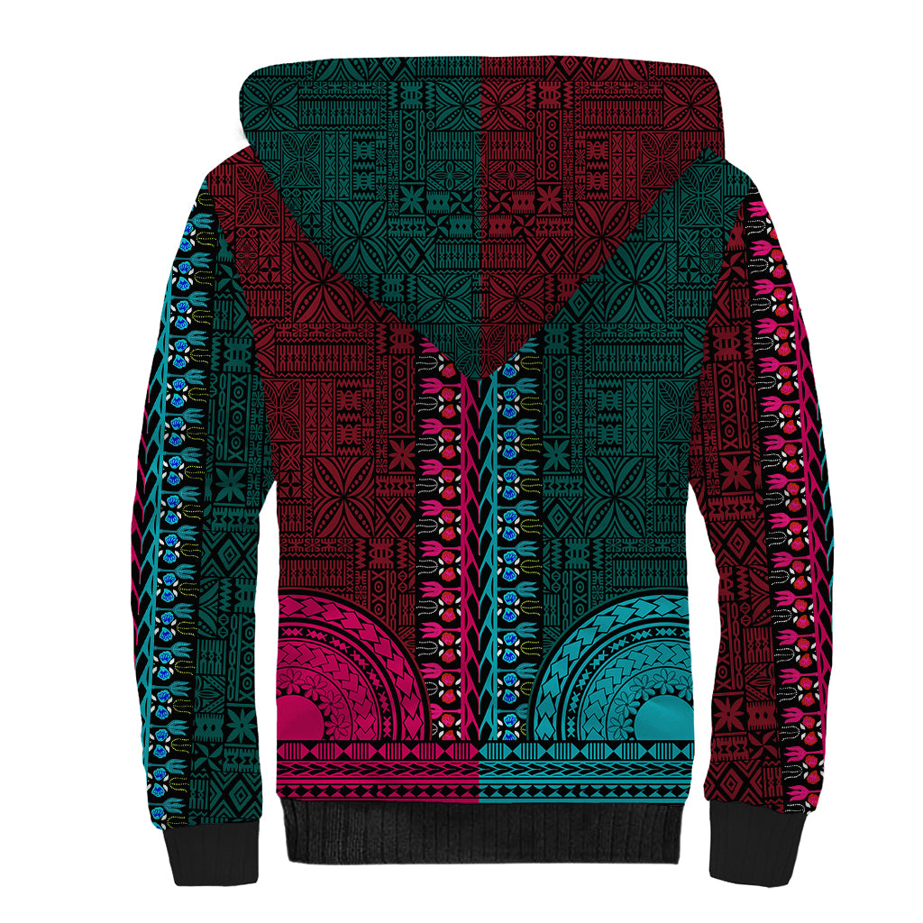 African Dashiki Sherpa Hoodie With Tapa Pattern - Half Teal and Pink - Wonder Print Shop