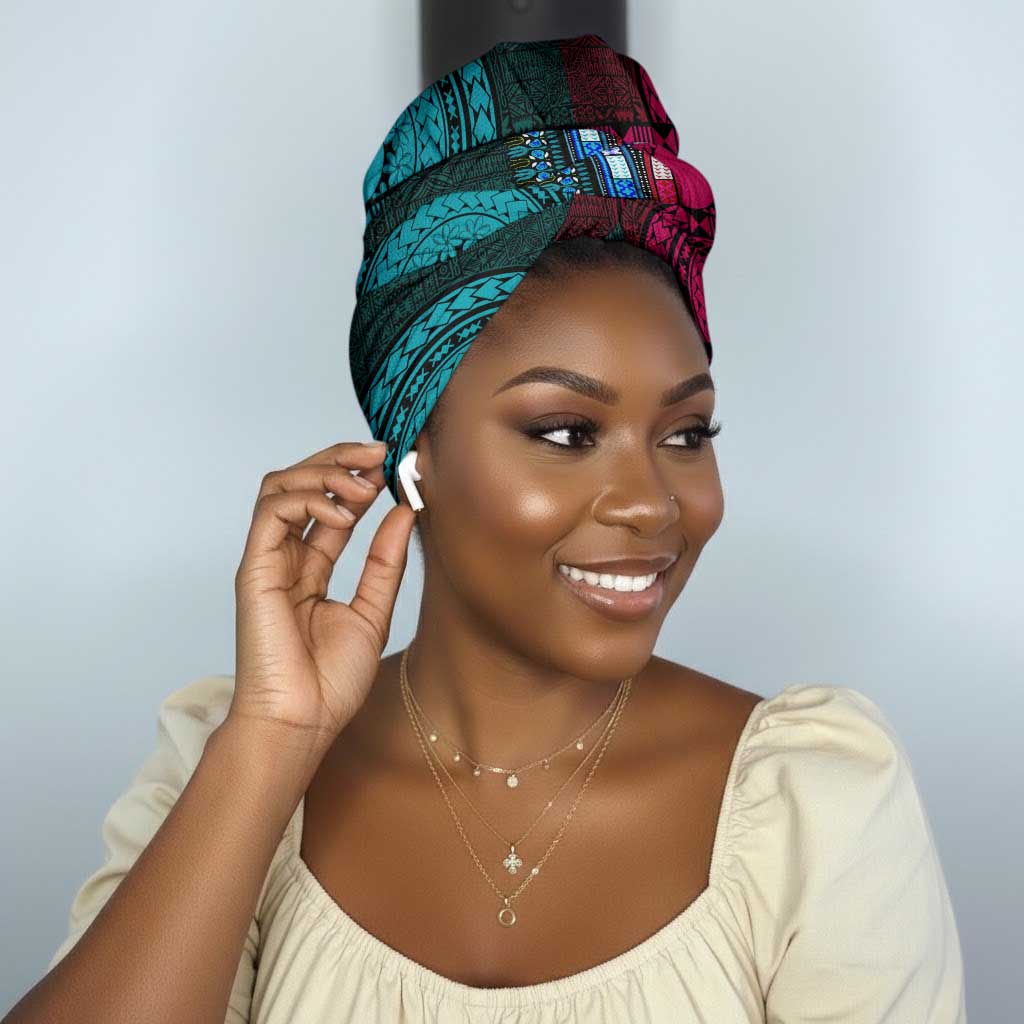 Teal-pink Dashiki and Tapa Pattern Simple Headwrap Africa and Polynesia Together Culture