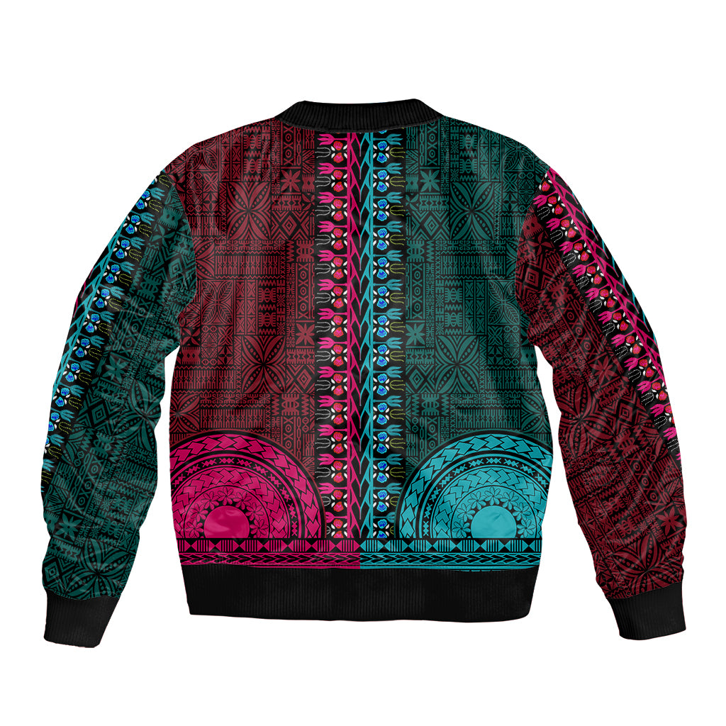 African Dashiki Sleeve Zip Bomber Jacket With Tapa Pattern - Half Teal and Pink - Wonder Print Shop