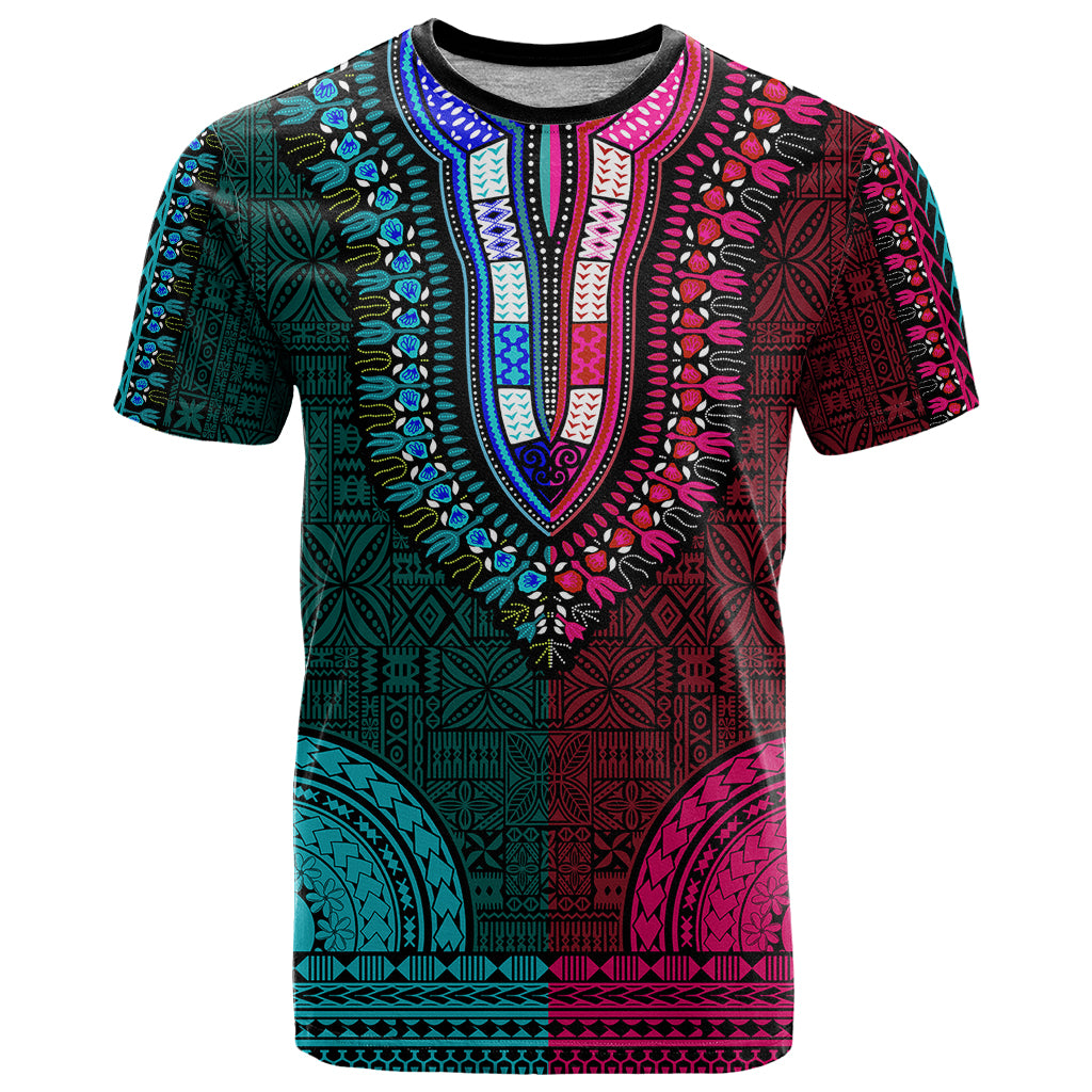 African Dashiki T Shirt With Tapa Pattern - Half Teal and Pink - Wonder Print Shop