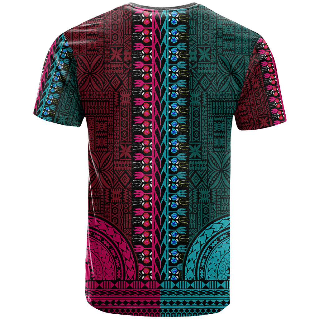 African Dashiki T Shirt With Tapa Pattern - Half Teal and Pink - Wonder Print Shop