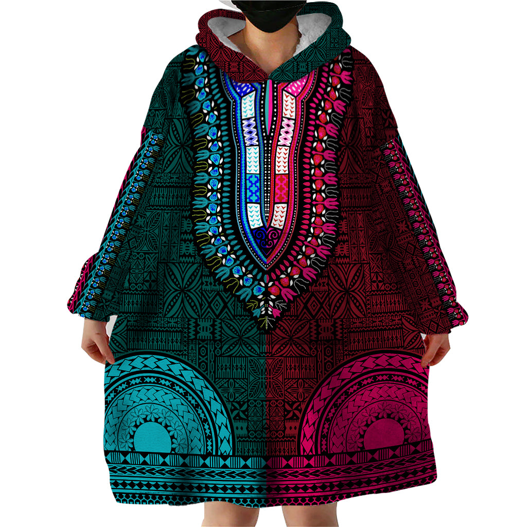 African Dashiki Wearable Blanket Hoodie With Tapa Pattern - Half Teal and Pink - Wonder Print Shop