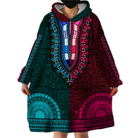 African Dashiki Wearable Blanket Hoodie With Tapa Pattern - Half Teal and Pink - Wonder Print Shop