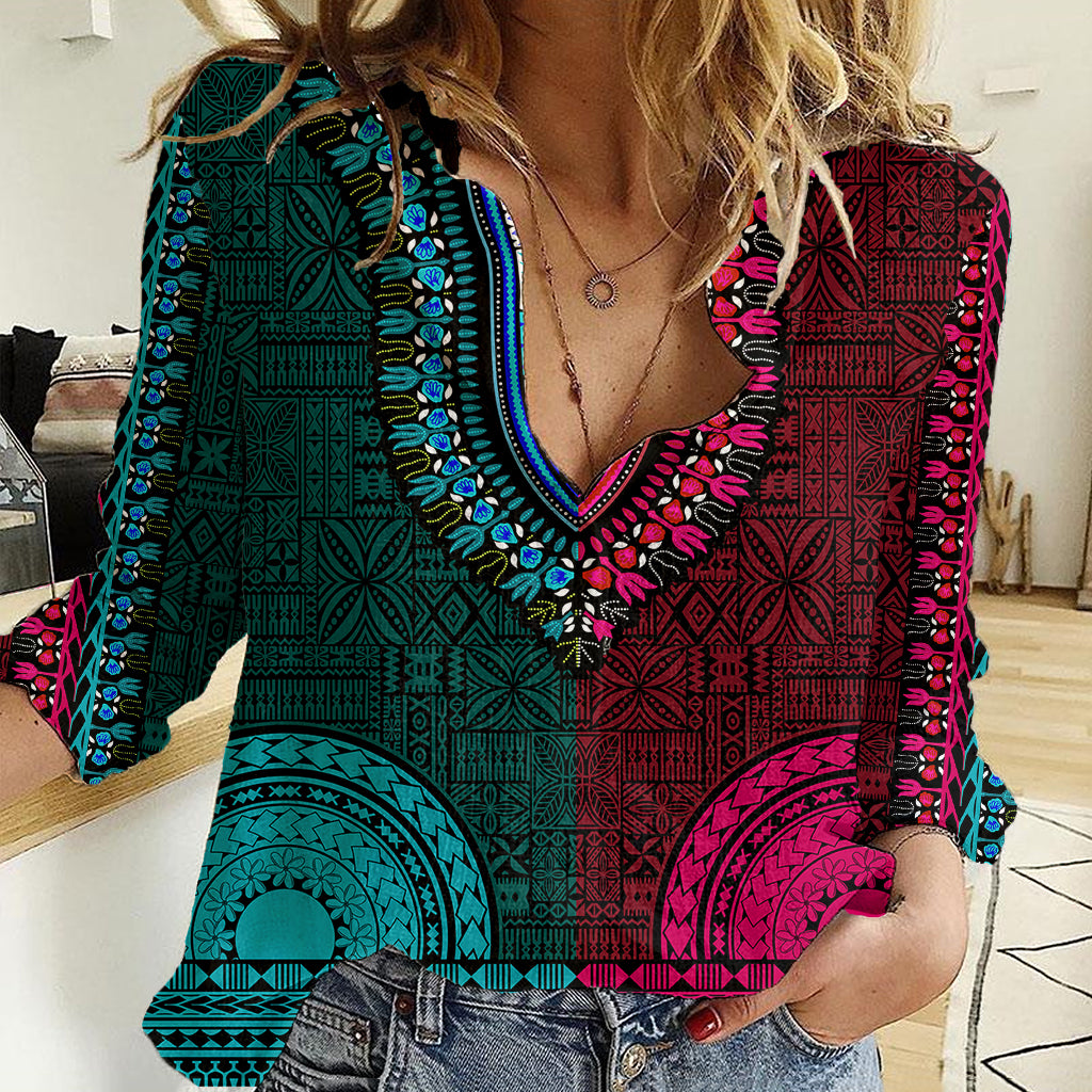 African Dashiki Women Casual Shirt With Tapa Pattern - Half Teal and Pink - Wonder Print Shop