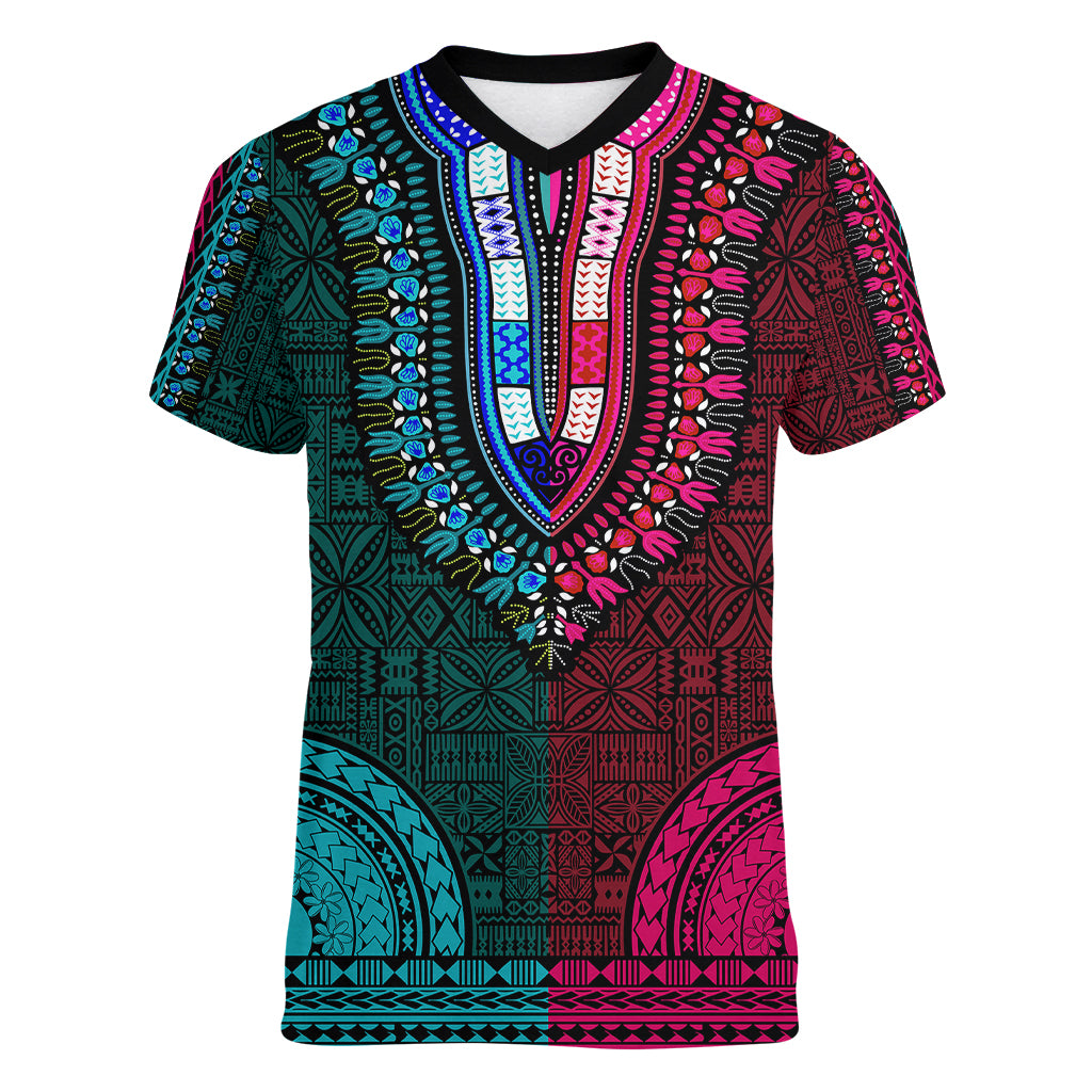 African Dashiki Women V Neck T Shirt With Tapa Pattern - Half Teal and Pink - Wonder Print Shop