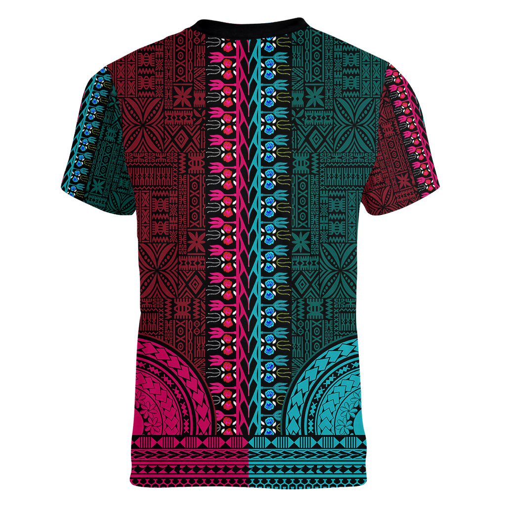 African Dashiki Women V Neck T Shirt With Tapa Pattern - Half Teal and Pink - Wonder Print Shop