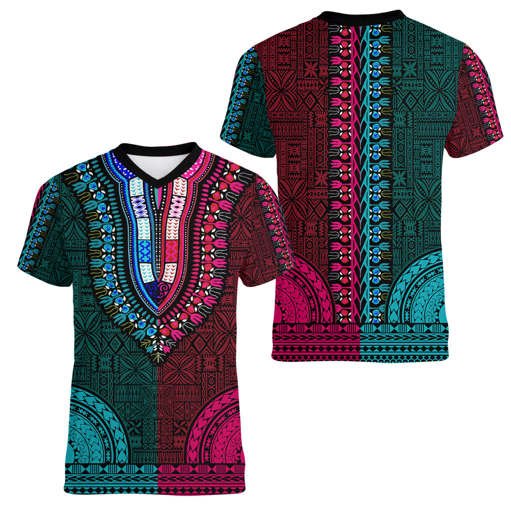 African Dashiki Women V Neck T Shirt With Tapa Pattern - Half Teal and Pink - Wonder Print Shop