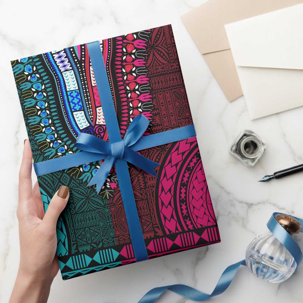 Teal-pink Dashiki and Tapa Pattern Wrapping Paper Africa and Polynesia Together Culture - Wonder Print Shop