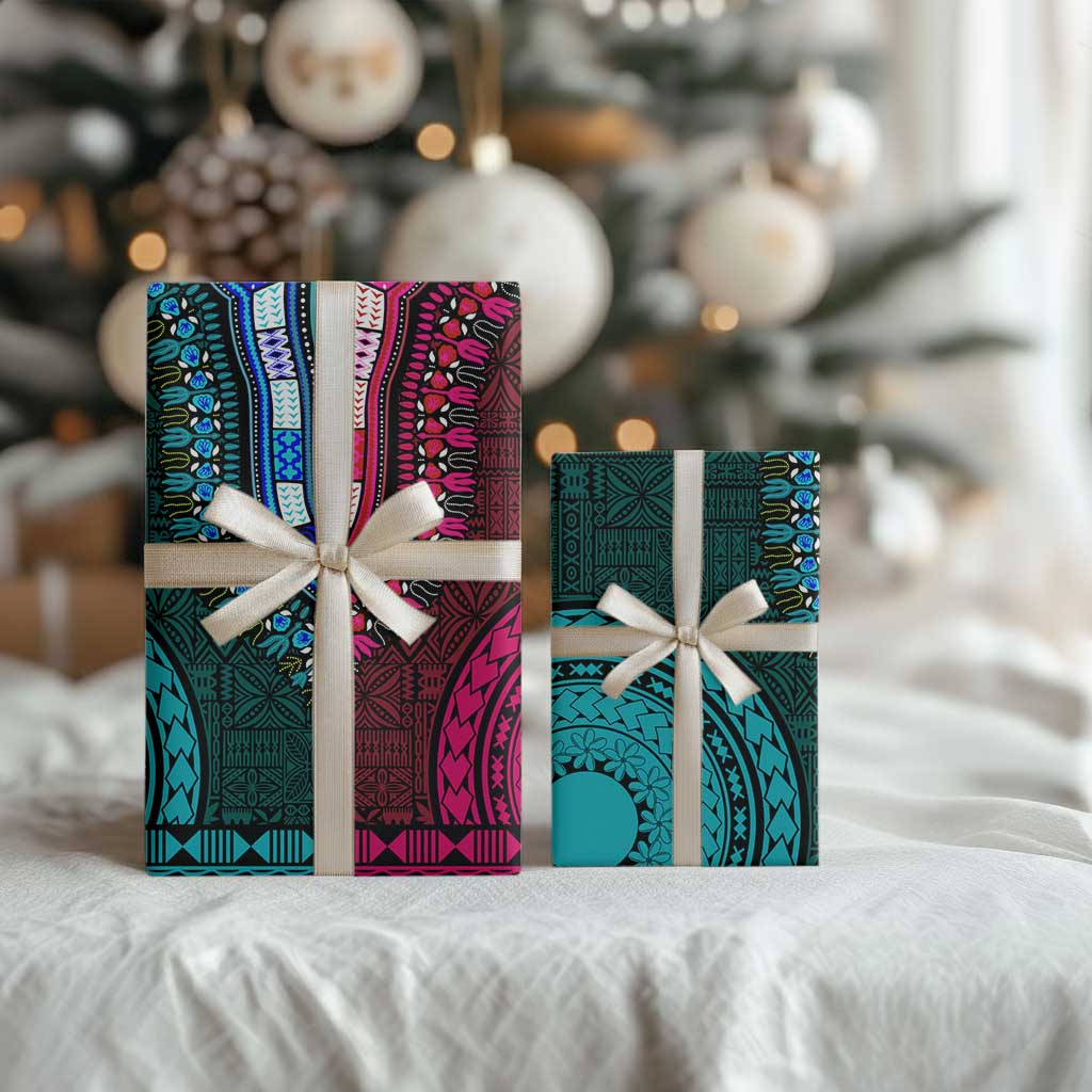 Teal-pink Dashiki and Tapa Pattern Wrapping Paper Africa and Polynesia Together Culture - Wonder Print Shop