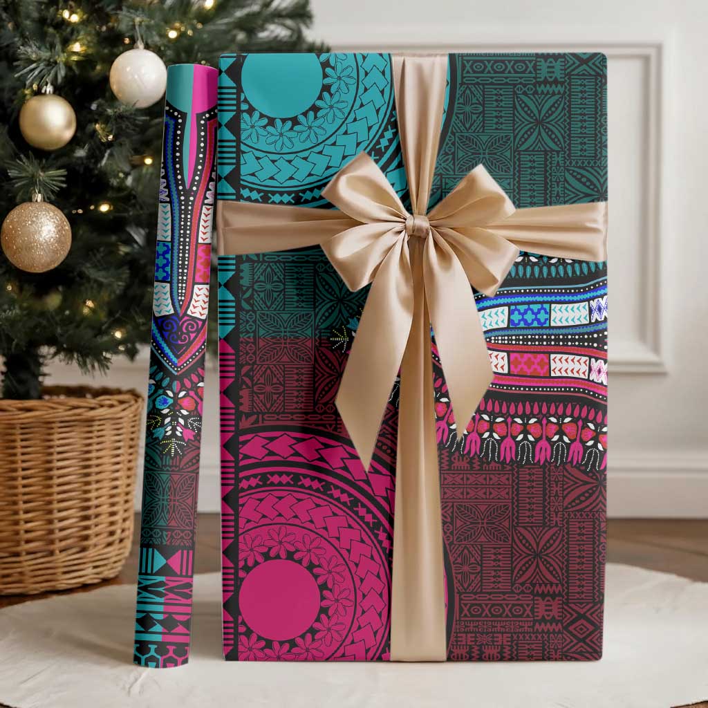 Teal-pink Dashiki and Tapa Pattern Wrapping Paper Africa and Polynesia Together Culture - Wonder Print Shop