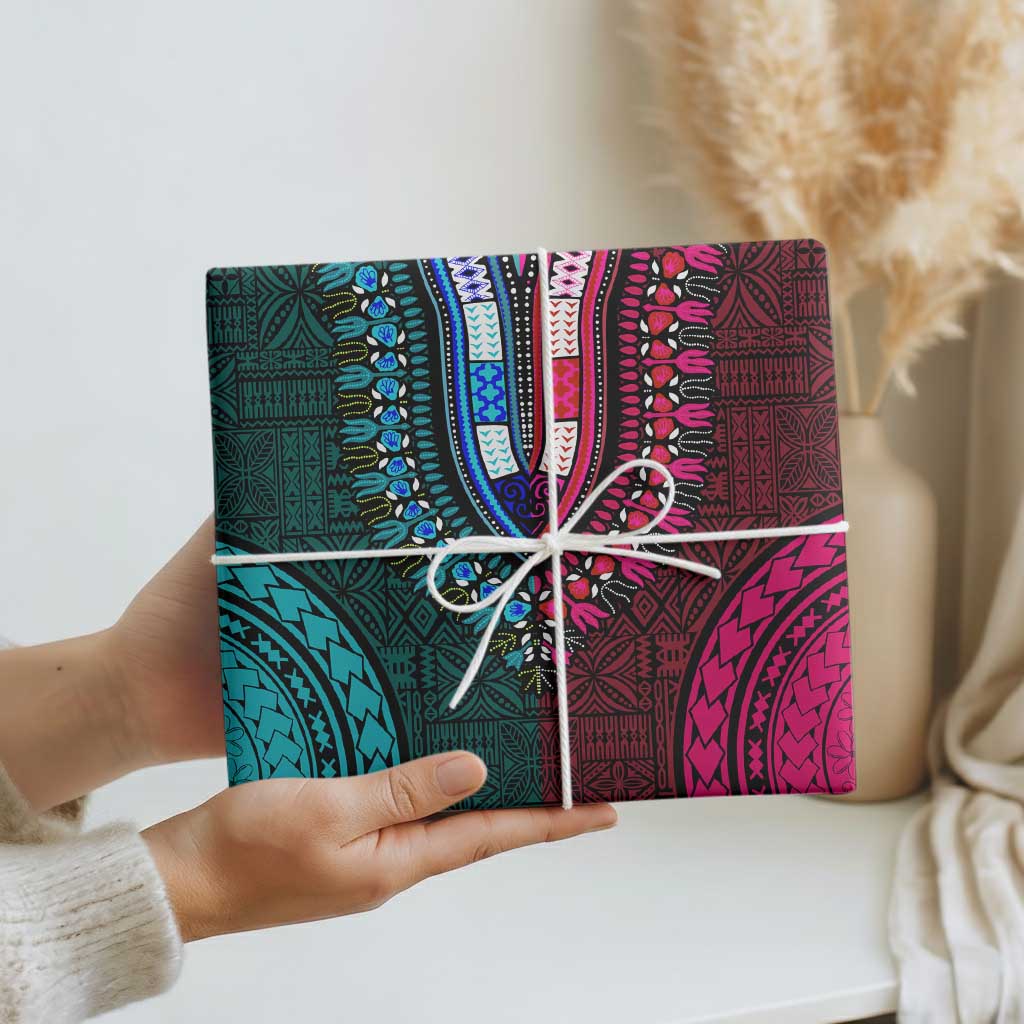 Teal-pink Dashiki and Tapa Pattern Wrapping Paper Africa and Polynesia Together Culture - Wonder Print Shop