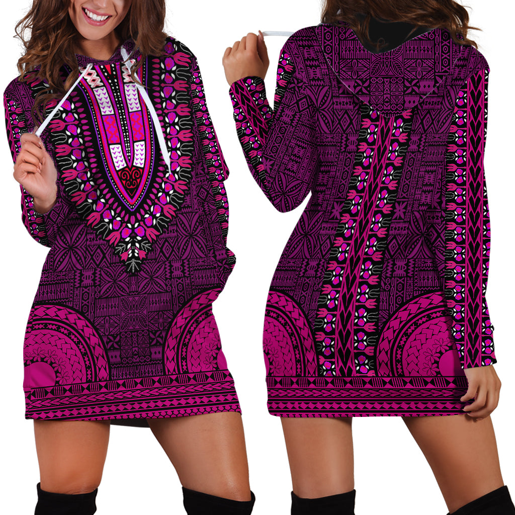 African Dashiki Hoodie Dress With Tapa Pattern - Pink - Wonder Print Shop