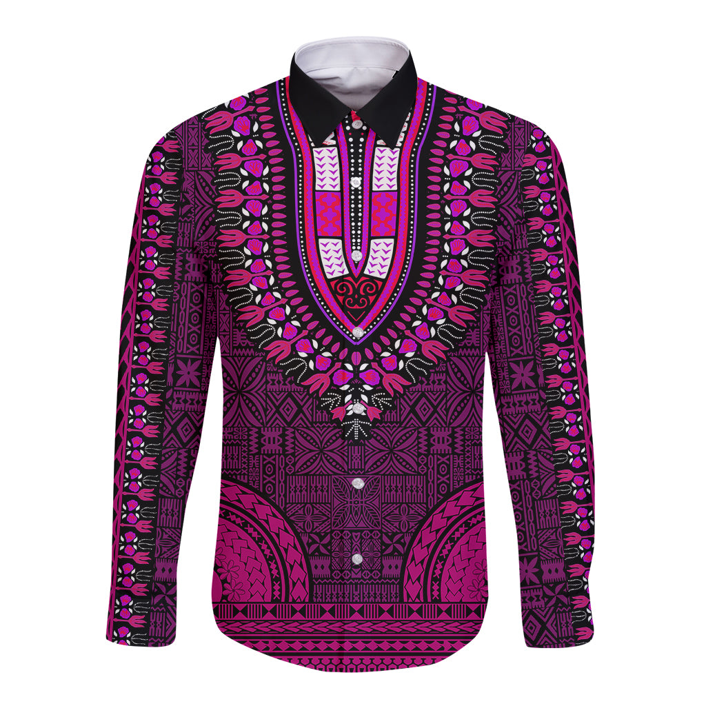 African Dashiki Long Sleeve Button Shirt With Tapa Pattern - Pink - Wonder Print Shop