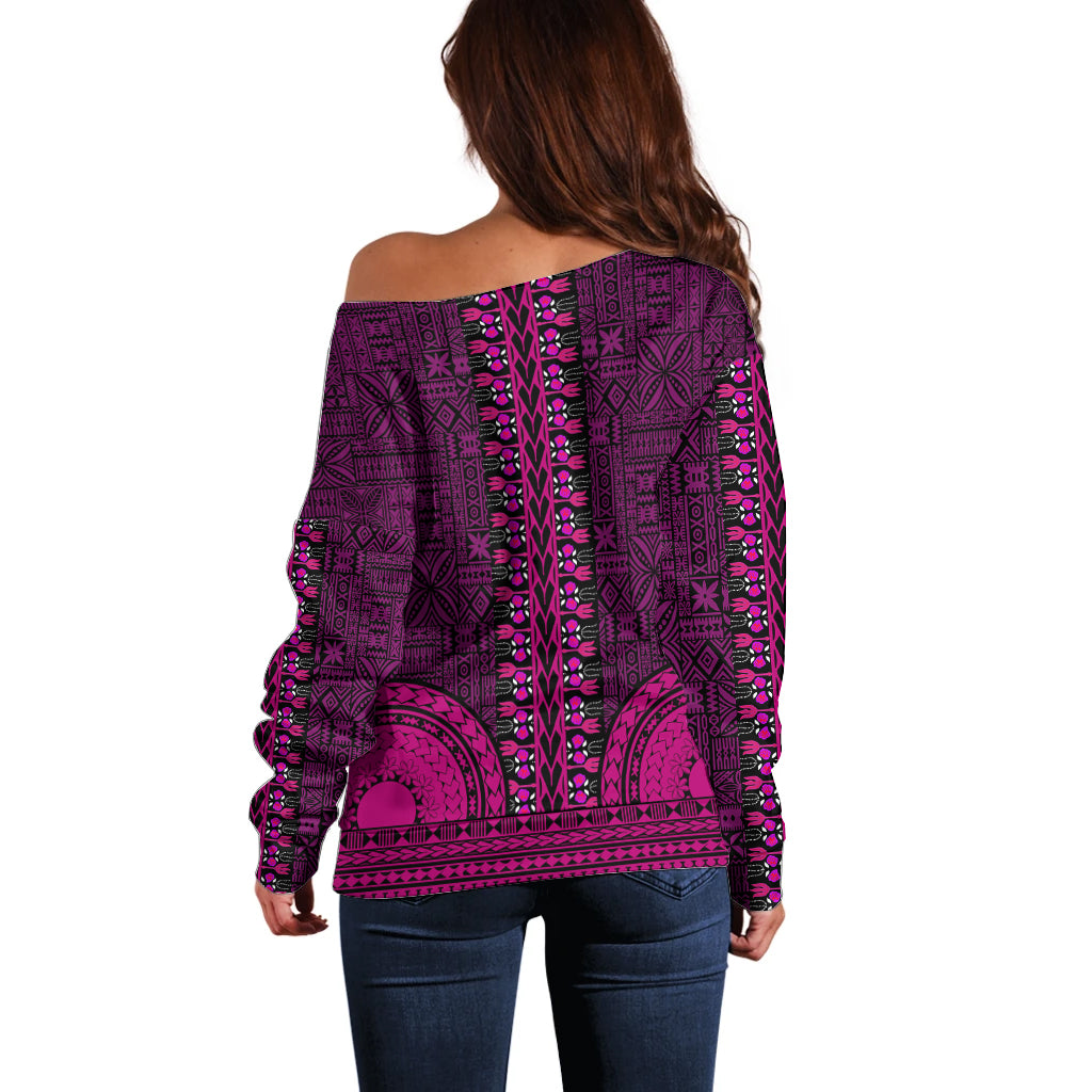African Dashiki Off Shoulder Sweater With Tapa Pattern - Pink - Wonder Print Shop
