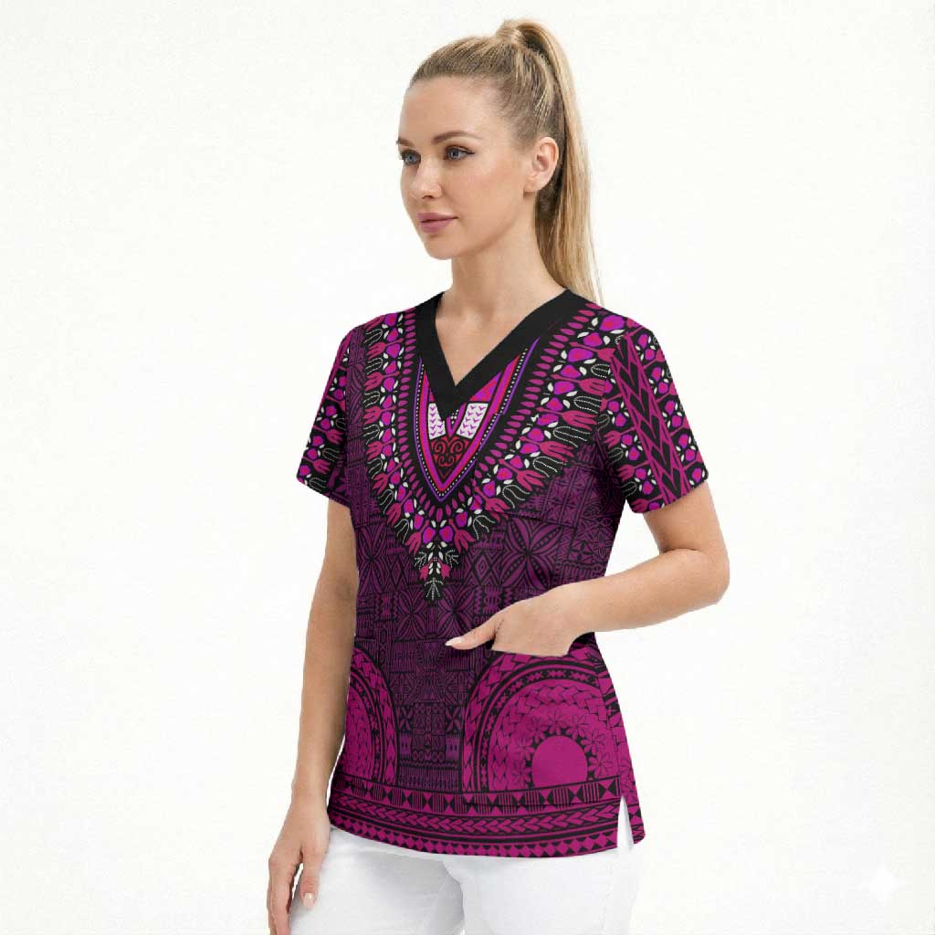 Pink Dashiki and Tapa Pattern Scrub Top Africa-Polynesia Together Culture