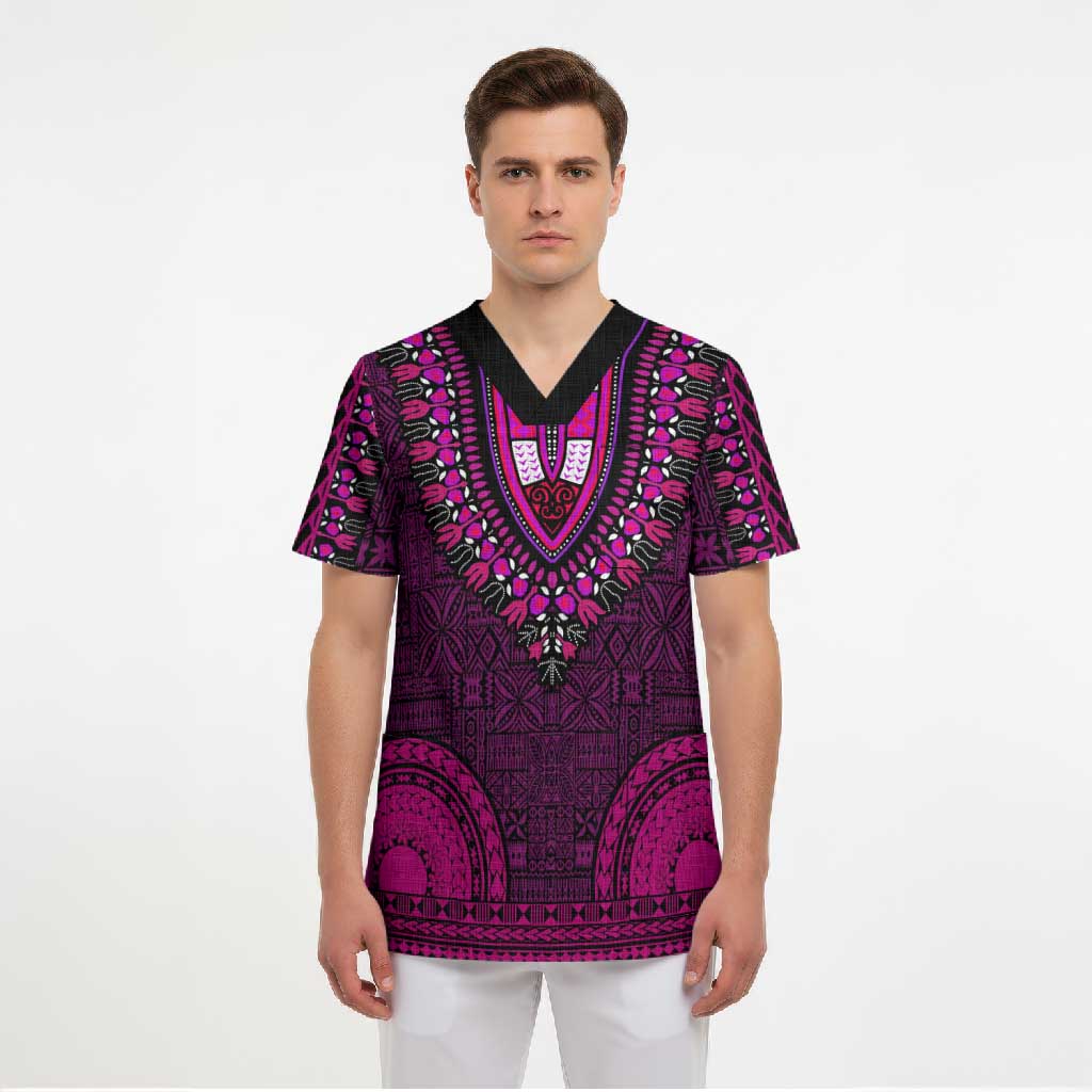 Pink Dashiki and Tapa Pattern Scrub Top Africa-Polynesia Together Culture