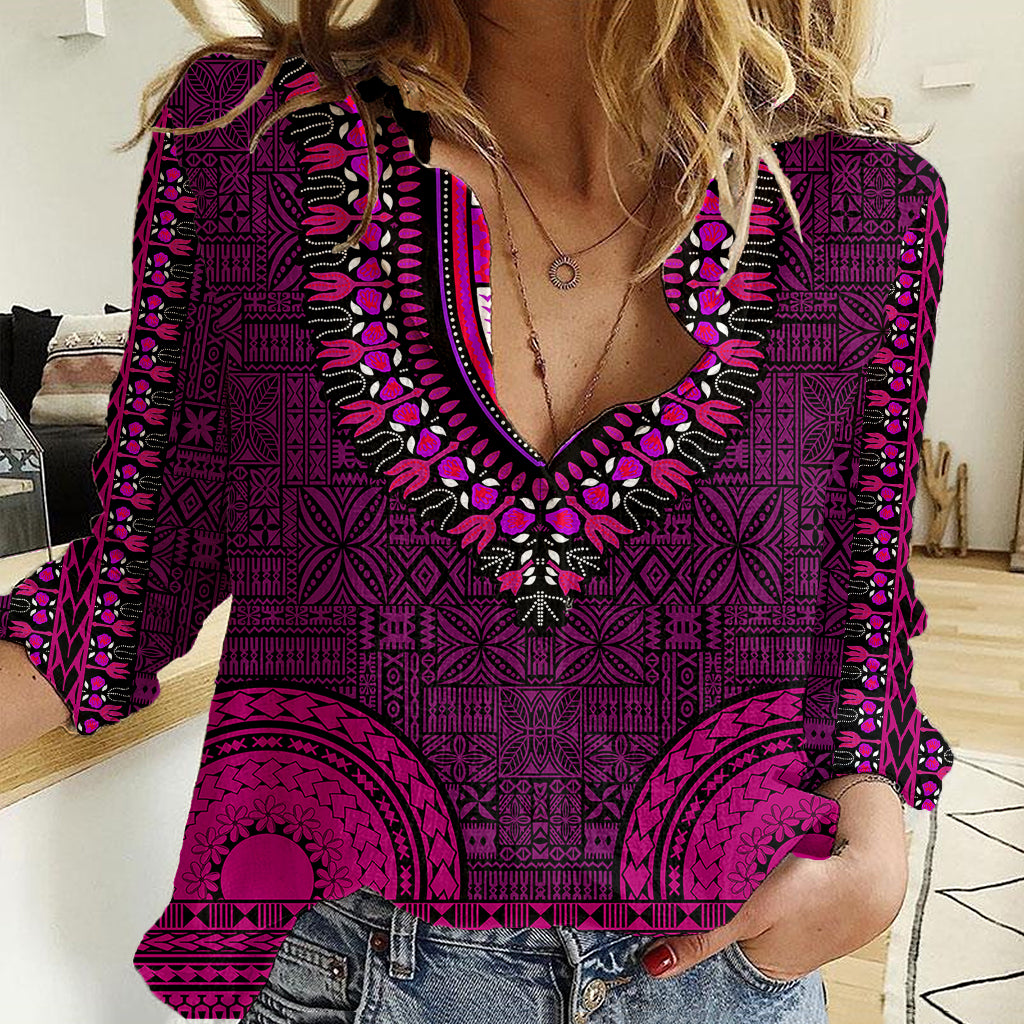 African Dashiki Women Casual Shirt With Tapa Pattern - Pink - Wonder Print Shop
