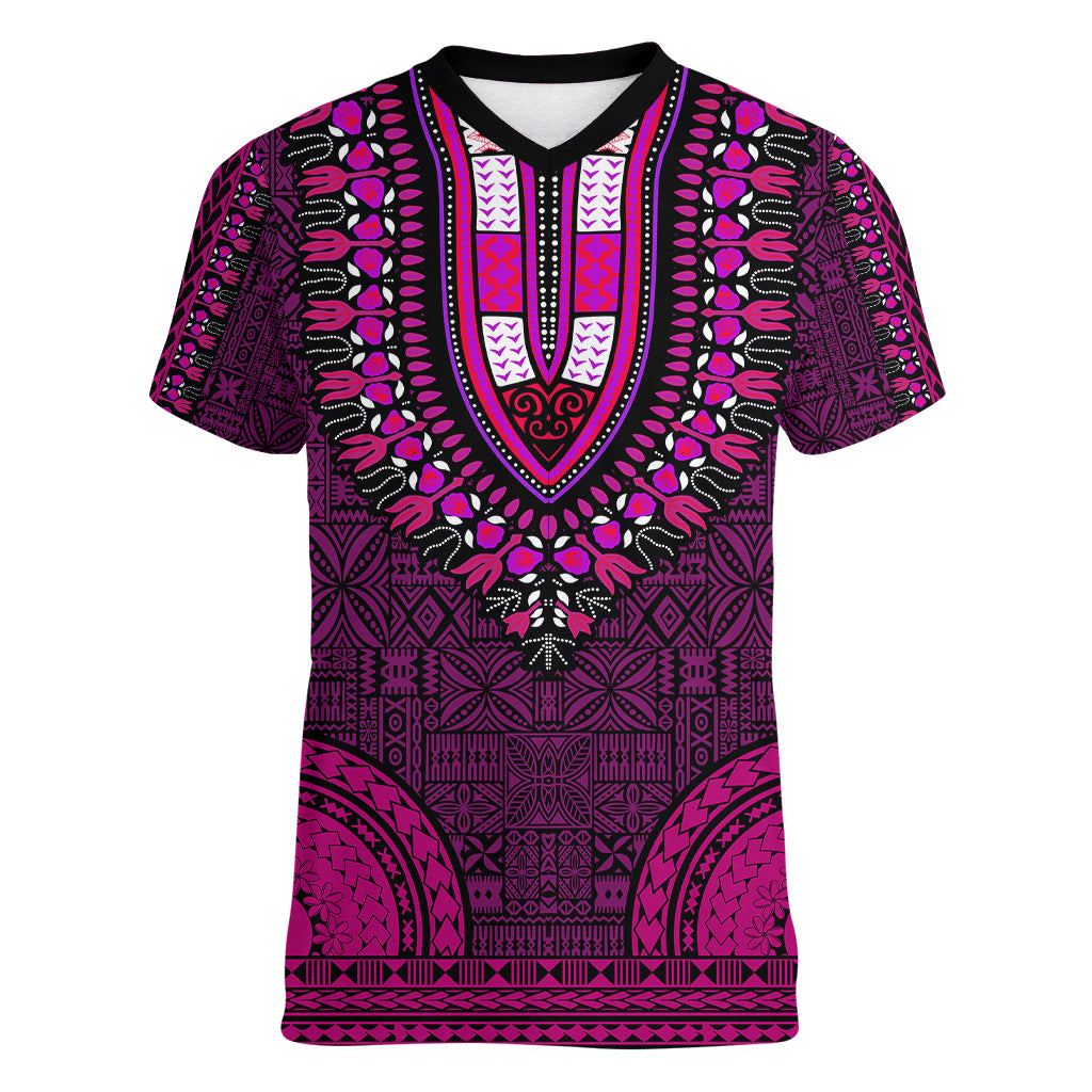 African Dashiki Women V Neck T Shirt With Tapa Pattern - Pink - Wonder Print Shop