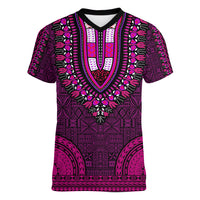 African Dashiki Women V Neck T Shirt With Tapa Pattern - Pink - Wonder Print Shop