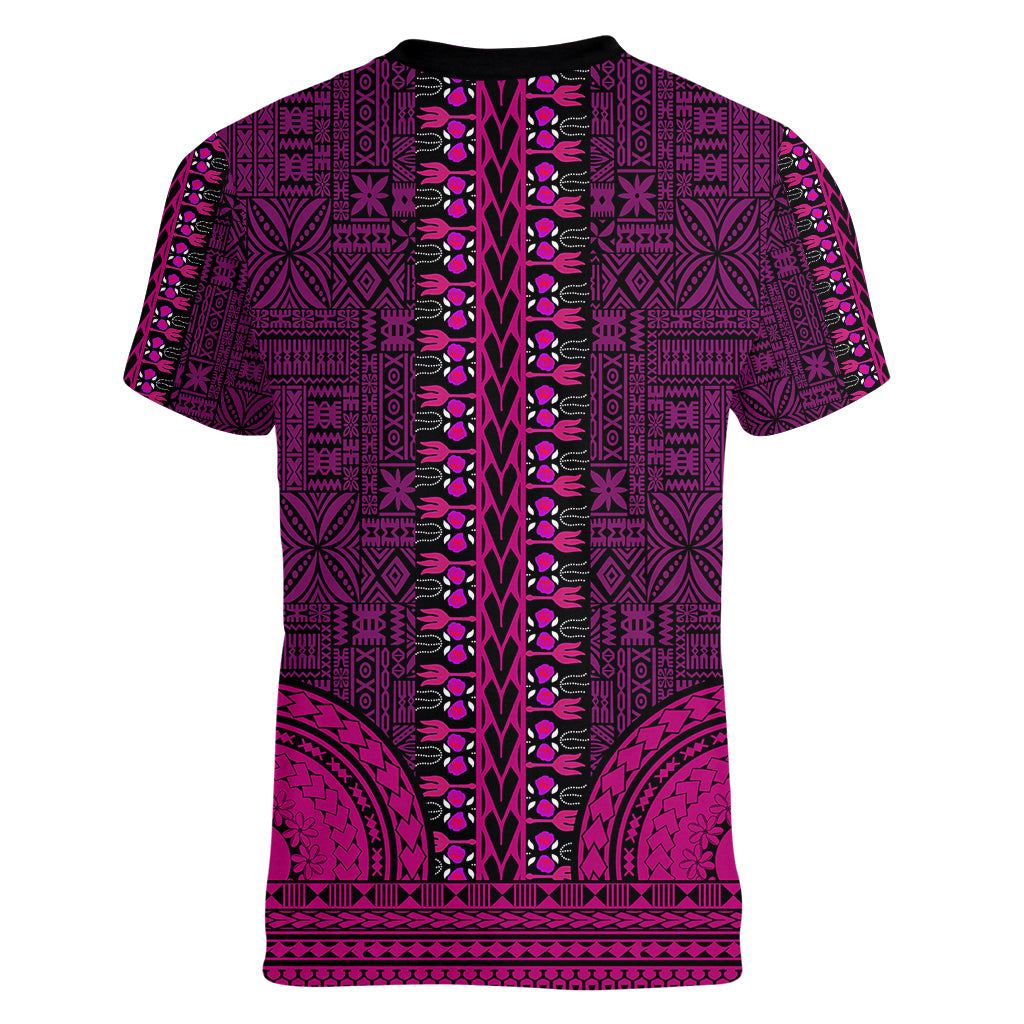 African Dashiki Women V Neck T Shirt With Tapa Pattern - Pink - Wonder Print Shop